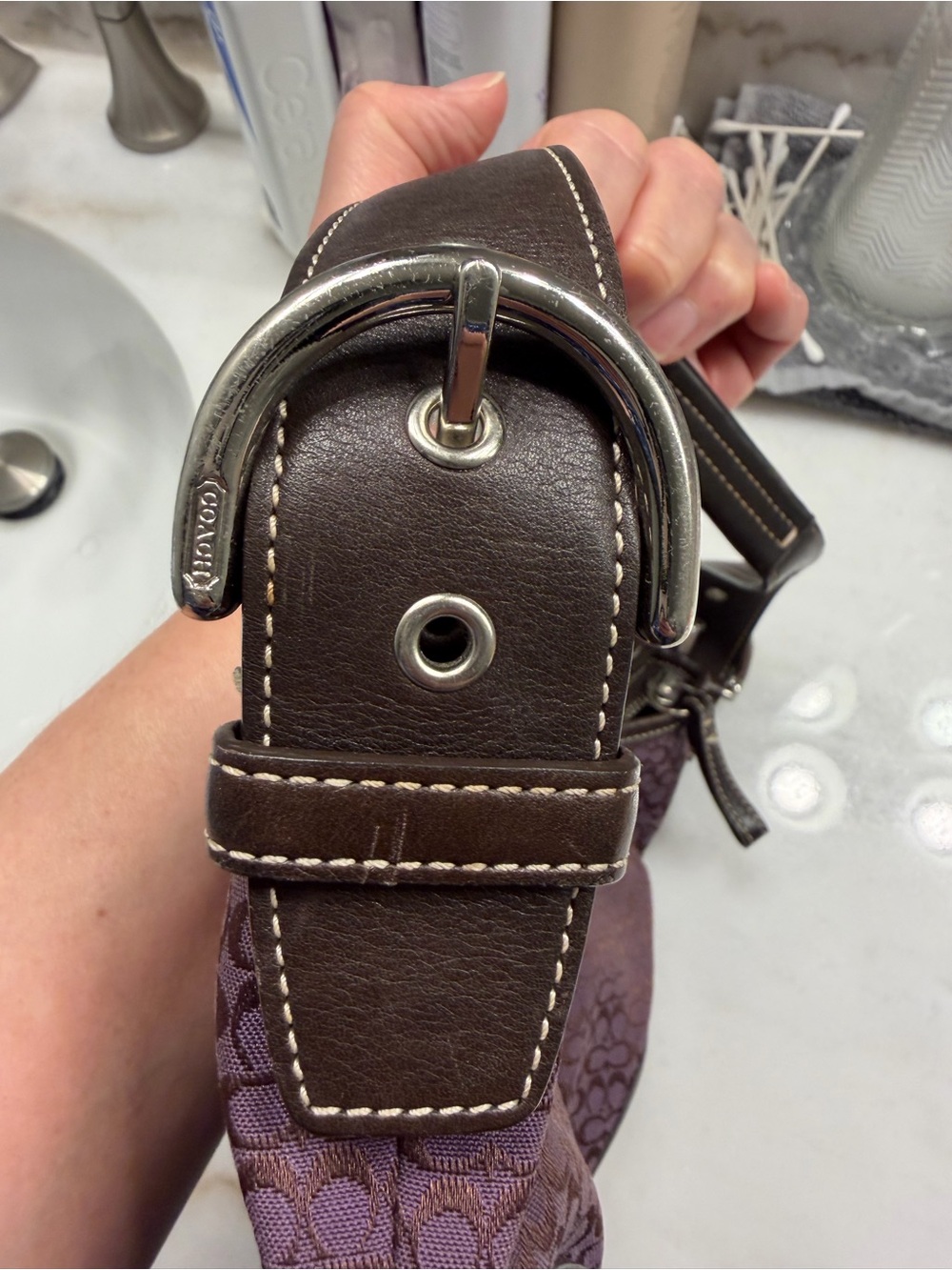 Coach Purple Jacquard and Chocolate Leather Shoulder Bag - Picture 10 of 12